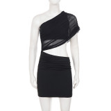 Women Sexy Mesh Slash Shoulder Hollow-Out Patchwork Bodycon Dress