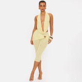 Women Halter Neck Lace-up Backless Top and Shorts Two-Piece Set