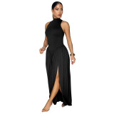 Women High-Neck Sleeveless Maxi Dress with Slits