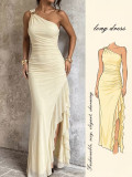 Women Summer Sexy Slash Shoulder Sleeveless Irregular Ruffle Dress