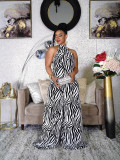Women Striped Print Backless Wide-Leg Jumpsuit
