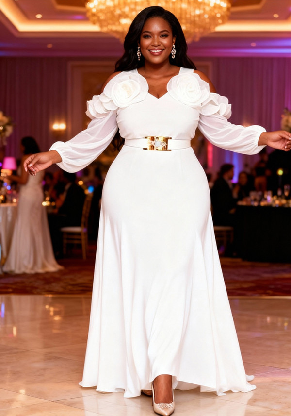 Plus Size Women White Off-Shoulder Floral Chiffon Elegant Dress