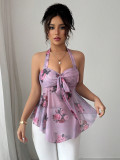 Women Halter Neck Sleeveless Lace-Up Printed Crop Top