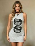 Women Sleeveless Lip Print Bodycon Dress
