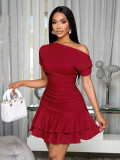 Women Slash Shoulder Off-Shoulder Pleated Double-Layer Ruffle Dress