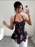 Women Halter Neck Sleeveless Lace-Up Printed Crop Top