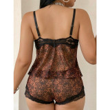 Plus Size Women Summer Sexy Leopard Print Lace Camisole Pajama Two-Piece Set