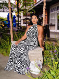 Women Striped Print Backless Wide-Leg Jumpsuit