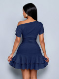 Women Slash Shoulder Off-Shoulder Pleated Double-Layer Ruffle Dress