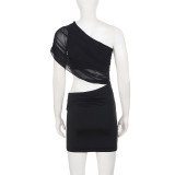 Women Sexy Mesh Slash Shoulder Hollow-Out Patchwork Bodycon Dress
