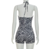 Women Summer Zebra Print Halter Neck V-Neck Backless Jumpsuits