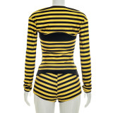 Women Striped Long-Sleeved Crop Top and Shorts Three-Piece Set