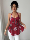 Women Halter Neck Sleeveless Lace-Up Printed Crop Top