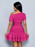 Women Slash Shoulder Off-Shoulder Pleated Double-Layer Ruffle Dress