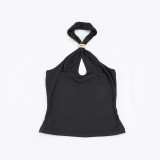 Women Metal Ring Hollow-Out Teardrop Neck Halter Neck Sexy Camisole