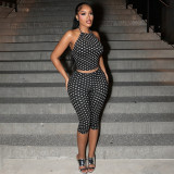 Women Polka Dot Print Drawstring Halter Neck Top and Capri Pants Two-Piece Set