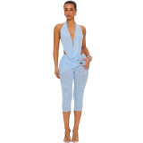Women Halter Neck Lace-up Backless Top and Shorts Two-Piece Set