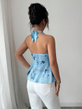 Women Halter Neck Sleeveless Lace-Up Printed Crop Top