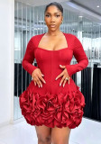 Women Flower Bud Bandage Fishbone Evening Dress