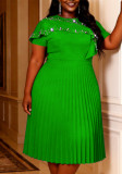 Plus Size Women Green Beaded Shawl-Style Pleated Dress