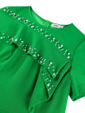 Plus Size Women Green Beaded Shawl-Style Pleated Dress