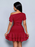Women Slash Shoulder Off-Shoulder Pleated Double-Layer Ruffle Dress