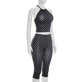 Women Polka Dot Print Drawstring Halter Neck Top and Capri Pants Two-Piece Set