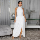 Women High-Neck Sleeveless Maxi Dress with Slits