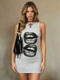 Women Sleeveless Lip Print Bodycon Dress