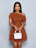 Women Slash Shoulder Off-Shoulder Pleated Double-Layer Ruffle Dress