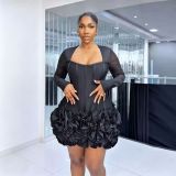 Women Flower Bud Bandage Fishbone Evening Dress