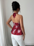 Women Halter Neck Sleeveless Lace-Up Printed Crop Top