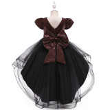 Girls' V-Neck Sequin Bow Princess Dress