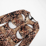 Women Leopard Print Long-Sleeved Printed Hollow-Out Sexy Romper