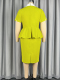 Plus Plus Size Women Mustard Green Color Block Top and Skirt Two-Piece Set