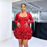 Women Flower Bud Bandage Fishbone Evening Dress