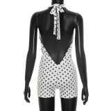 Women Polka Dot Print Halter Neck Lace-up V-Neck Backless Jumpsuits