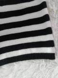 Women Black and White Striped Knitting Casual Sweater Top and Shorts Two-Piece Set