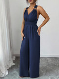 Women Halter Neck Cross Backless Casual Sleeveless Jumpsuit