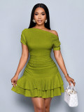 Women Slash Shoulder Off-Shoulder Pleated Double-Layer Ruffle Dress