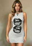 Women Sleeveless Lip Print Bodycon Dress