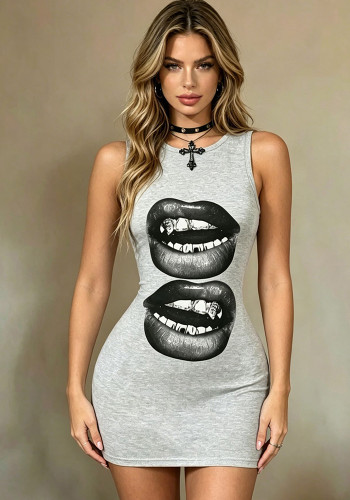 Women Sleeveless Lip Print Bodycon Dress