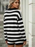 Women Black and White Striped Knitting Casual Sweater Top and Shorts Two-Piece Set