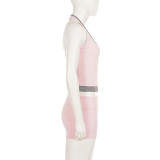 Women Casual Yoga Color Block Halter Neck Camisole Top and Shorts Two-Piece Set