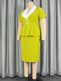 Plus Plus Size Women Mustard Green Color Block Top and Skirt Two-Piece Set