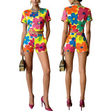 Women Casual Printed Short-Sleeve Crop Top and Shorts Two-Piece Set