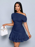 Women Slash Shoulder Off-Shoulder Pleated Double-Layer Ruffle Dress