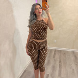 Women Polka Dot Print Drawstring Halter Neck Top and Capri Pants Two-Piece Set