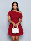Women Slash Shoulder Off-Shoulder Pleated Double-Layer Ruffle Dress
