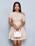 Women Slash Shoulder Off-Shoulder Pleated Double-Layer Ruffle Dress